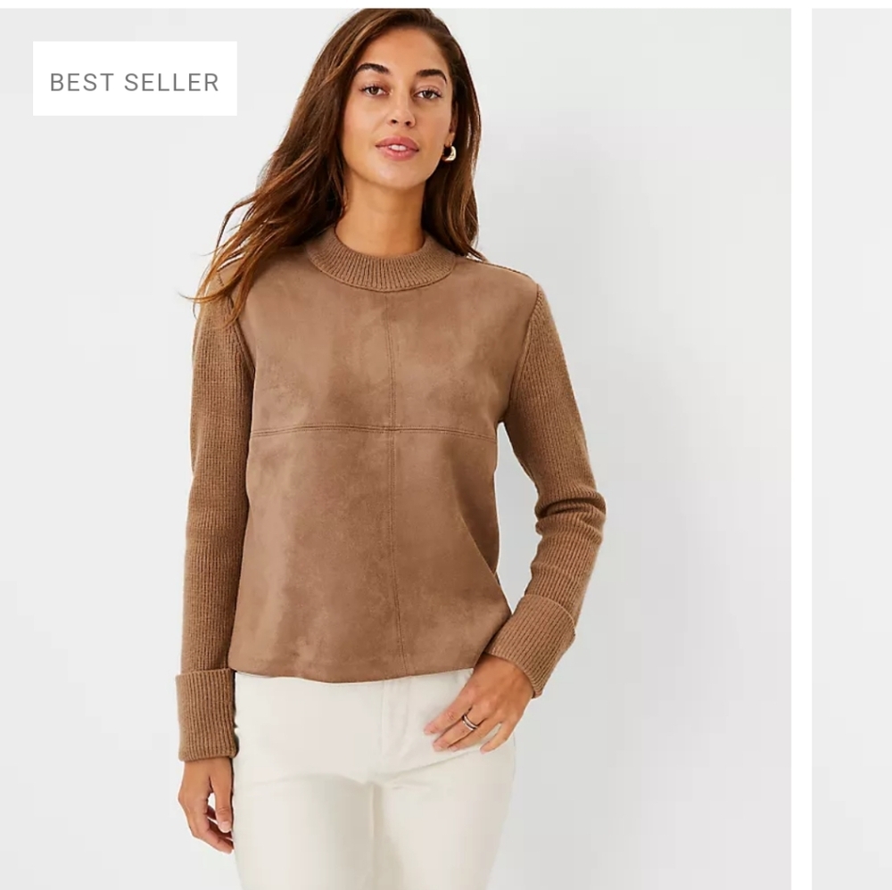 Ann Taylor Faux suede mixed media sweater Large